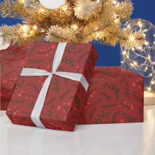 Papier Cadeau Ferme grenat rouge vert rustique feuillage motif