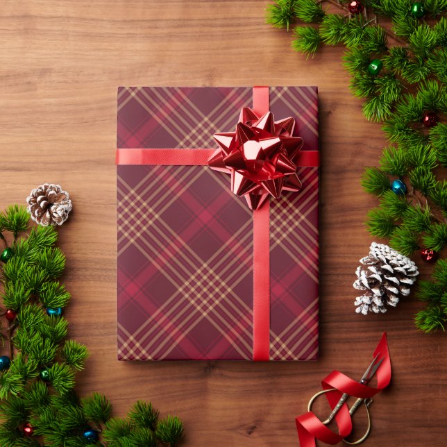 Papier Cadeau Ferme rouge bordeaux or plaid diagonal motif (Cadeau de vacances)