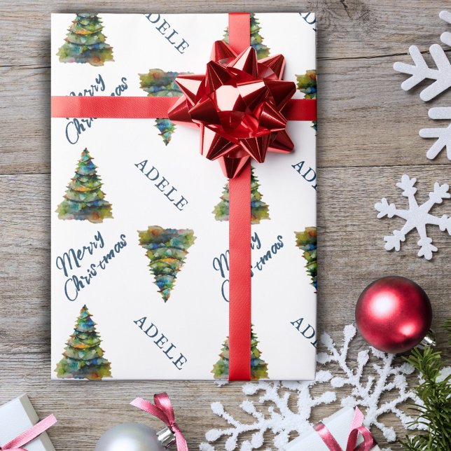 Papier Cadeau Festif Arbre de Noël Aquarelle vacances (Créateur téléchargé)
