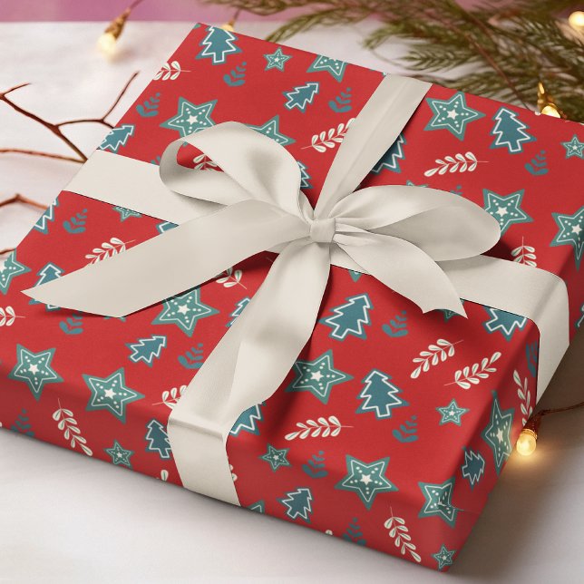 Papier Cadeau Festif Arbre de Noël étoile moderne rouge vert (Créateur téléchargé)