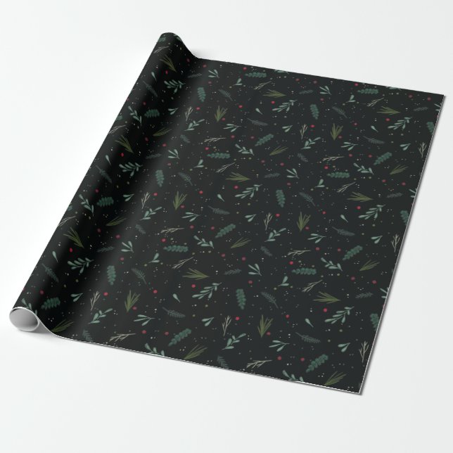 Papier Cadeau Festif Feuilles de Noël Berries Botanical Black (Déroulé)