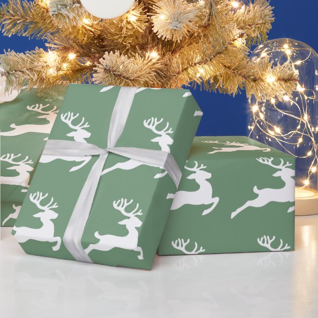 Papier Cadeau Festif Green Motif de cerfs blancs Noël (Vacances)