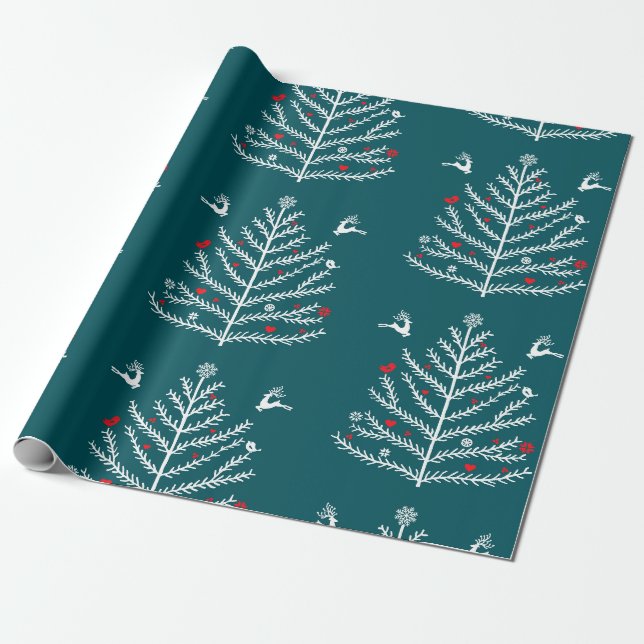 Papier Cadeau Festif moderne Nordic Christmas Tree Cerf Bleu (Déroulé)