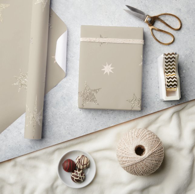 Papier Cadeau Festif moderne Rouleau d'étoiles d'or beige nature (Artisanat)