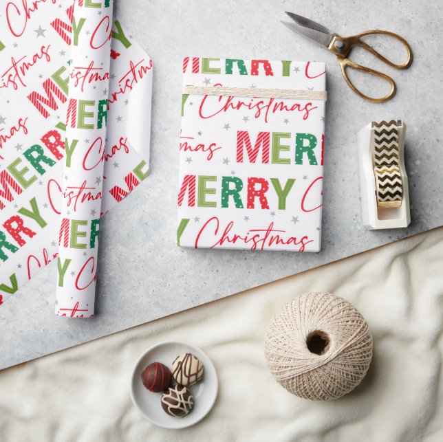 Papier Cadeau Festif Motif Joyeux Noël Typographie (Artisanat)
