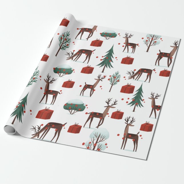 Papier Cadeau Festif Noël Cerfs Arbres Forfaits Cadeaux (Déroulé)