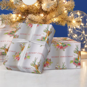 Papier Cadeau Festif renne floral sur Silver Joyeux Noël
