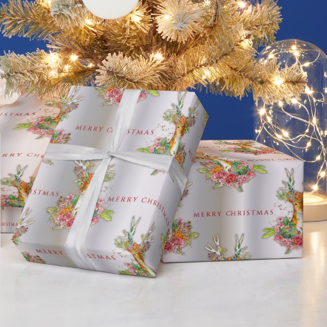 Papier Cadeau Festif renne floral sur Silver Joyeux Noël (Vacances)