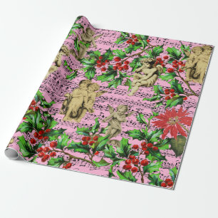 Papier Cadeau Festif rose Vintage Ange Cherubs Holly Noël