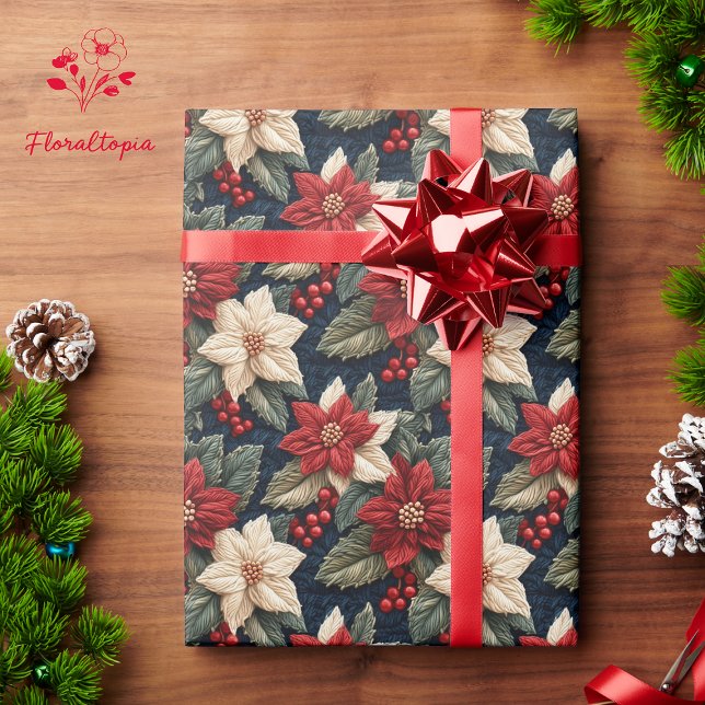 Papier Cadeau Festif rouge Noël Poinsettia tricotée florale (Créateur téléchargé)