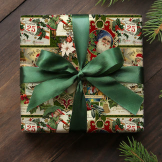 Papier Cadeau Festif Vintage Noël Ephémère Collage-Green