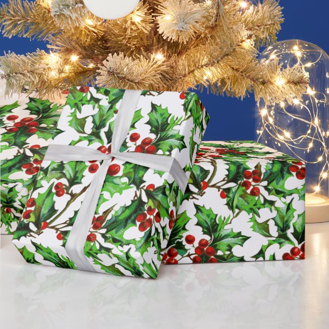 Papier Cadeau Festif Vintage Noël Red Holly Berries (Vacances)