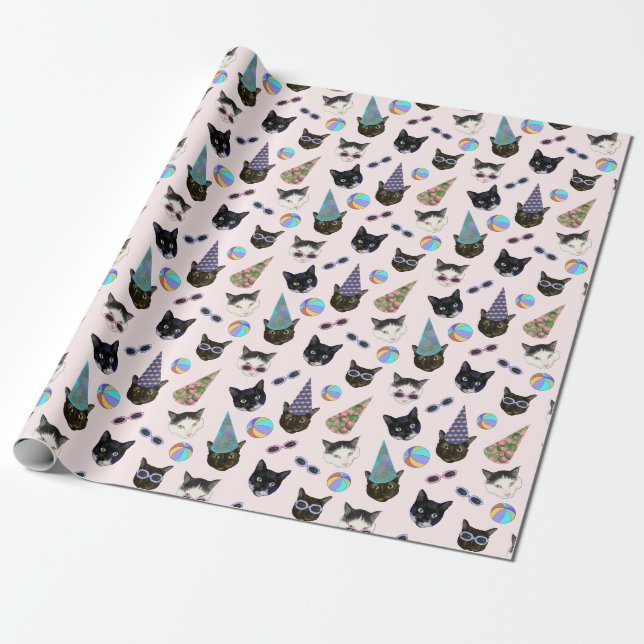 Papier Cadeau Festive Birthday Cats Summer Pool Party (Déroulé)
