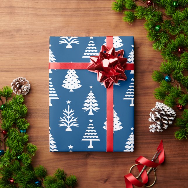 Papier Cadeau Festive Blue and White Christmas Tree Pattern (Cadeau de vacances)