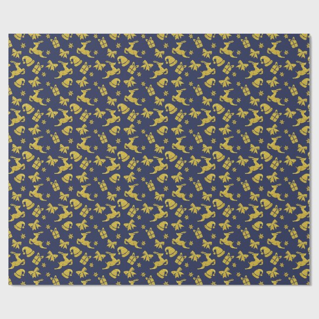 Papier Cadeau Festive Blue Gold Reindeer Christmas Holiday (Plat)