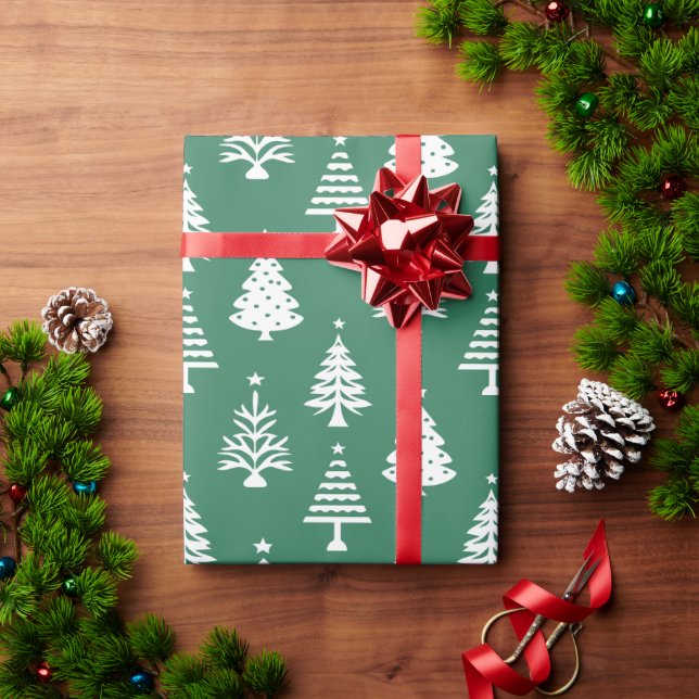 Papier Cadeau Festive Green and White Christmas Tree Pattern (Cadeau de vacances)