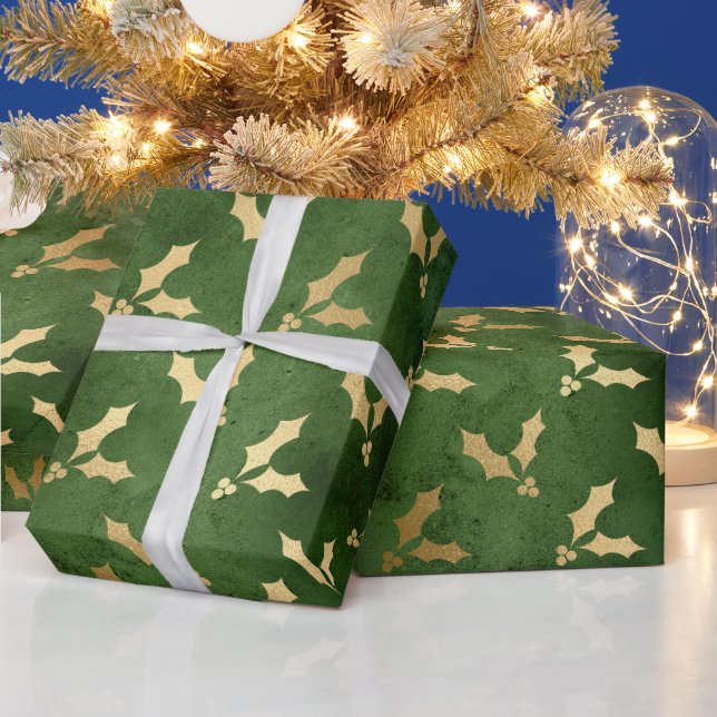 Papier Cadeau Festive Green et Gold Foil hiver Noël Holly (Vacances)