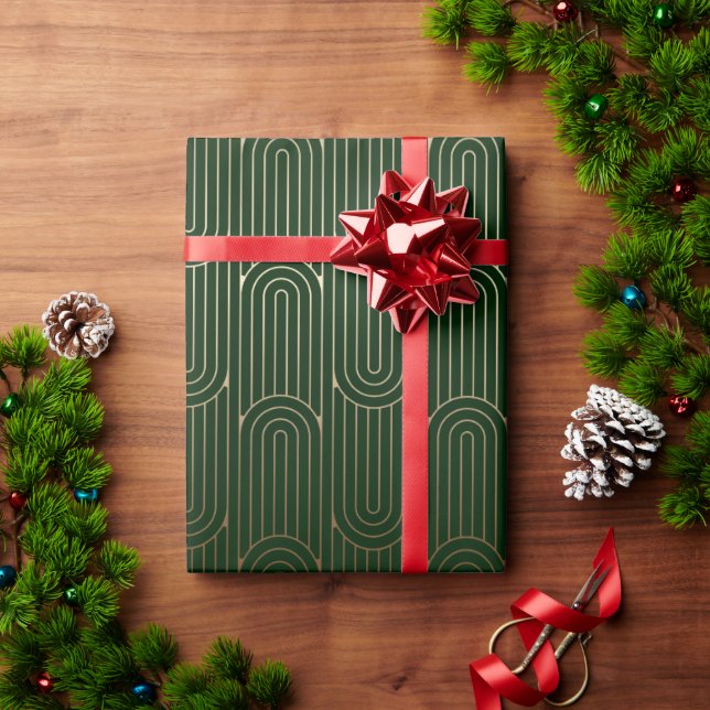 Papier Cadeau Festive Green Moderne Art Déco Gold Motif 102 (Cadeau de vacances)