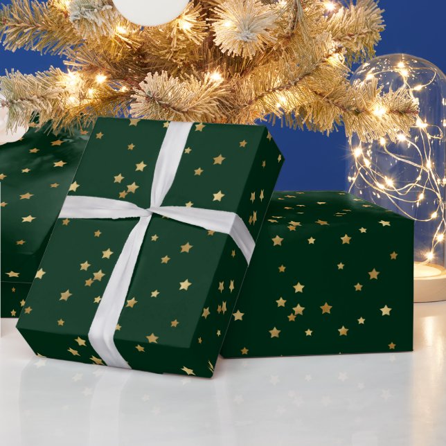 Papier Cadeau Festive Holiday Green & Glittery Gold Stars (Vacances)