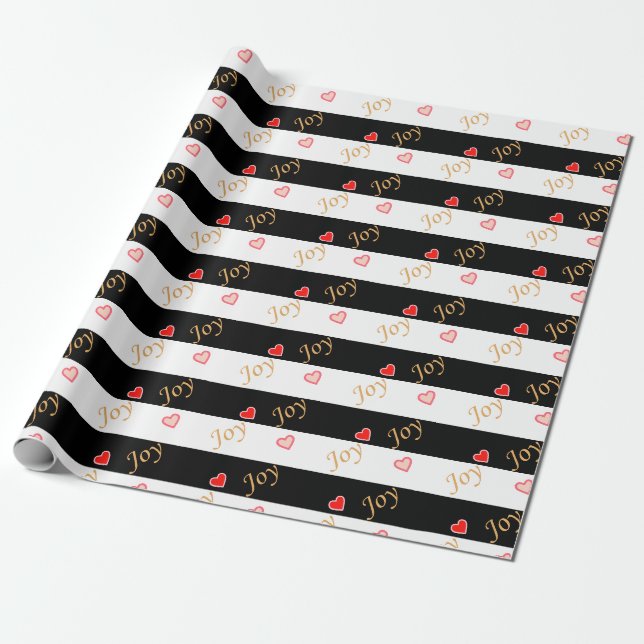 Papier Cadeau Festive Joy Motif de coeur sur rayé noir & blanc (Déroulé)