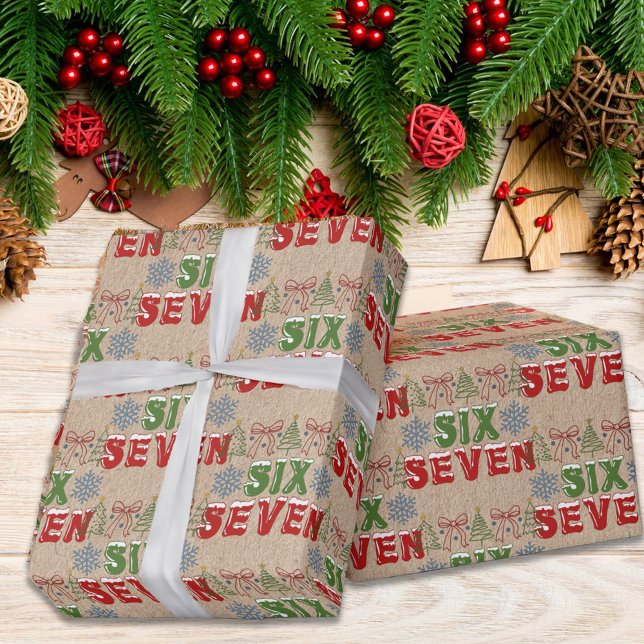 Papier Cadeau Festive Meme "Six Seven" 6,7 Xmas Trees Kraft  (Créateur téléchargé)