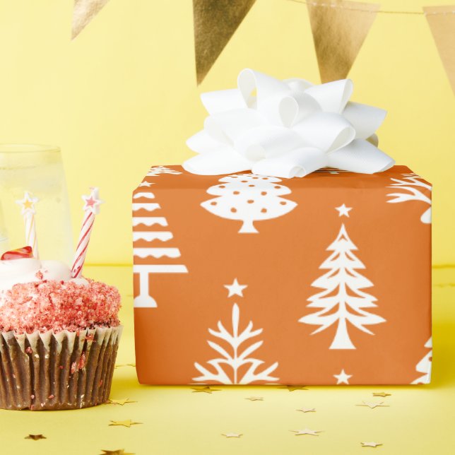 Papier Cadeau Festive Orange and White Christmas Tree Pattern (Fête d'anniversaire)
