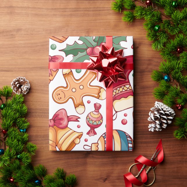 Papier Cadeau Festive Ornements et pain d'épices Noël (Cadeau de vacances)