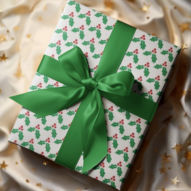 Papier Cadeau Festive Red Green Holly Leaves Berries Holiday  (Créateur téléchargé)