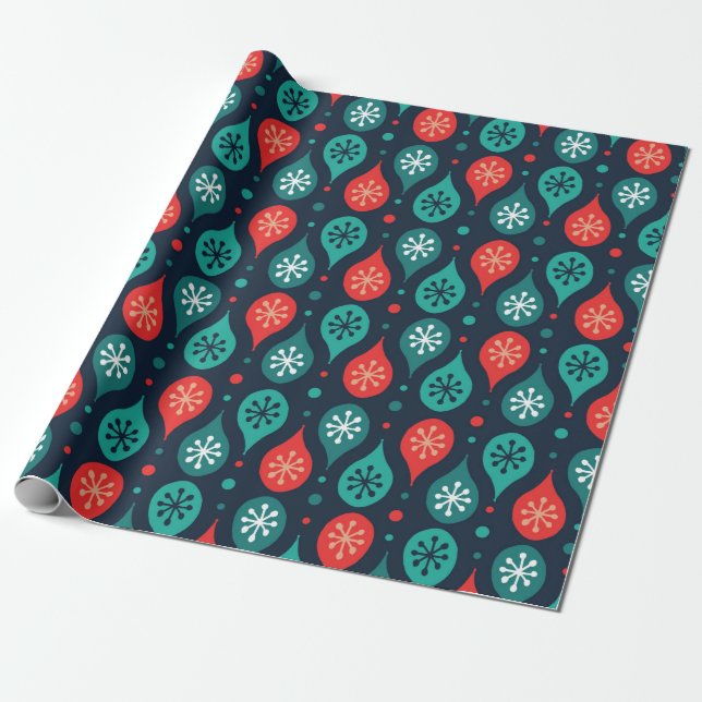 Papier Cadeau Festive Retro Mid-Century Mod Geometric Green Red (Déroulé)
