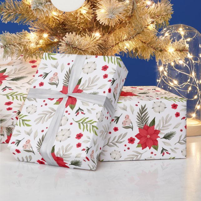 Papier Cadeau Festive Rouge de Noël Poinsettia & Greens sur blan (Vacances)