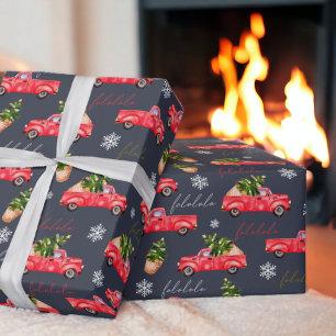 Papier Cadeau Festive sapin rouge aquarelle camionnette marine