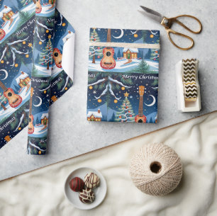 Papier Cadeau Festive Ukulele instrument de musique Noël de neig