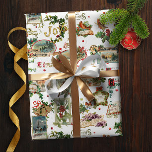 Papier Cadeau Festive Vintage Noël Salutations Collage-Blanc