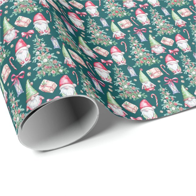 Papier Cadeau Festive Watercolor Gnome Christmas Tree  (Coin rond)