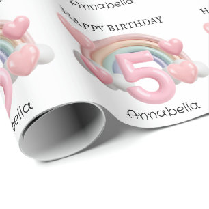 Papier Cadeau Fête d'anniversaire 3D Arc-en-ciel et Cœurs 5 ans