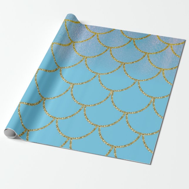 Papier Cadeau Fête d'anniversaire Blue & Gold Shimmer Mermaid (Déroulé)
