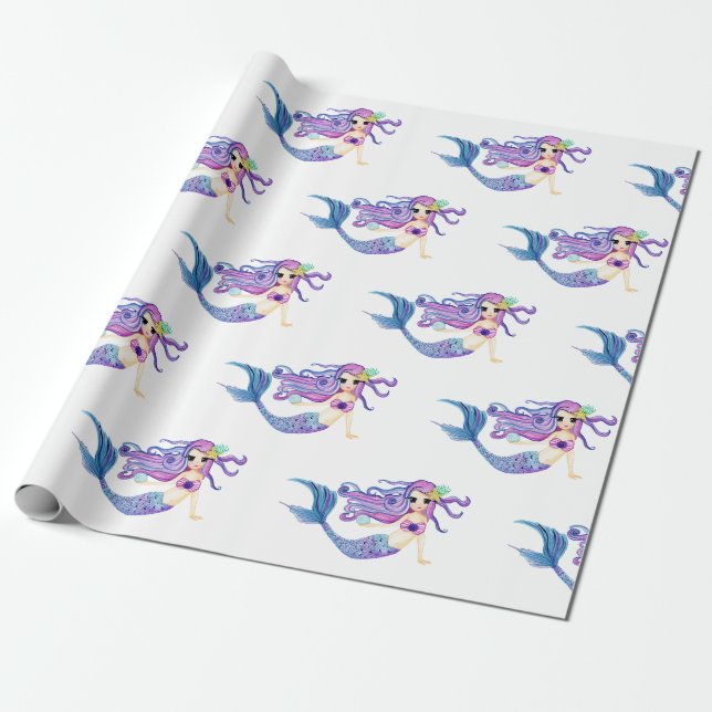 Papier Cadeau Fête d'anniversaire de la sirène d'aquarelle (Déroulé)