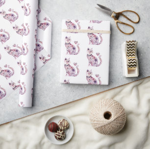 Papier Cadeau Fête de chat floral cœurs blancs rose violet