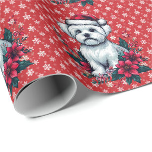 Papier Cadeau Fête de fleurs Chien maltais avec Santa Hat Chien 