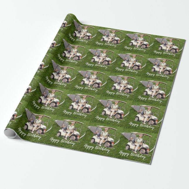 Papier Cadeau Fête de golf avec voiturette de golf (Déroulé)
