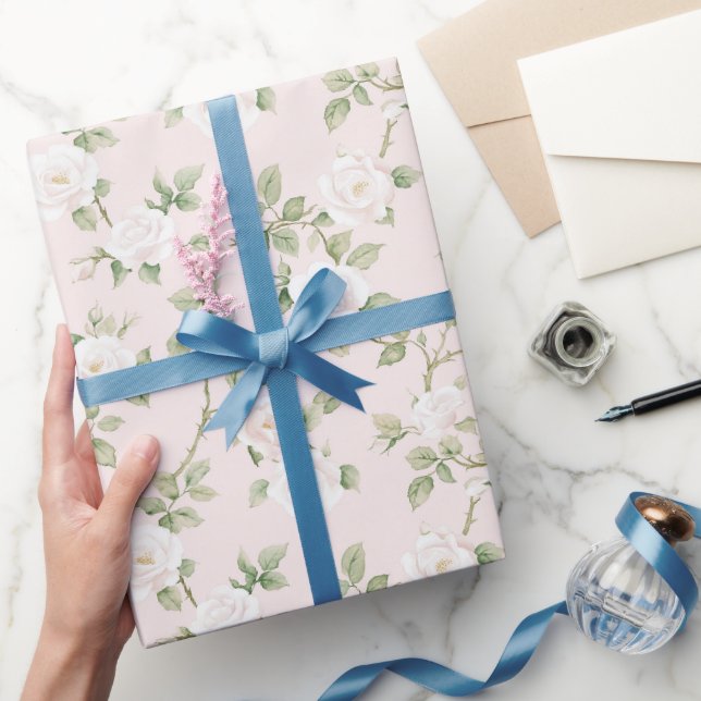 Papier Cadeau Fête de Mariage Blanc Rose Floral (Cadeaux)