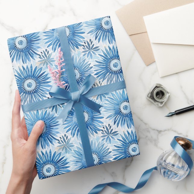 Papier Cadeau Fête de Mariage Fleurie Bleue et Blanche (Cadeaux)