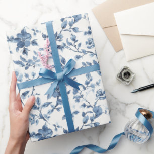 Papier Cadeau Fête de Mariage Fleurs Blanches Bleues