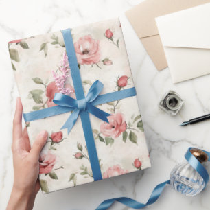 Papier Cadeau Fête de mariage floral avec des roses roses blush 