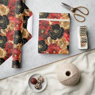 Papier Cadeau Fête de mariage Floral Noir Or 