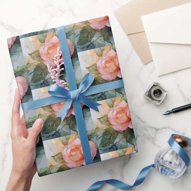 Papier Cadeau Fête de mariage floral rose pêche (Cadeaux)