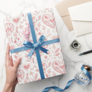 Papier Cadeau Fête de mariage Pink Hearts Floral Love