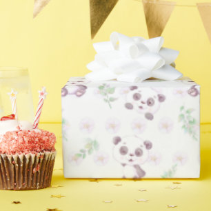 Papier Cadeau Fête de Naissance Bébé Panda Mignon Fleurs Ballons