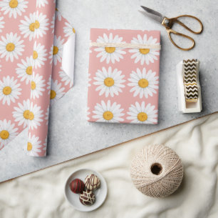 Papier Cadeau Fête de Naissance Fleurie Rose Pâle aux Marguerite