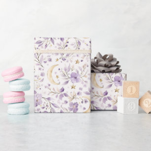 Papier Cadeau Fête de Naissance Lune Étoiles & Fleurs Violettes